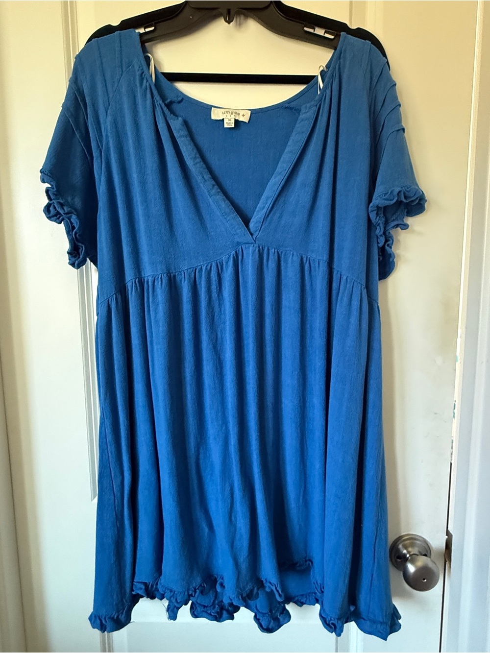 Umgee Royal Blue V-Neck Short Sleeve Ruffle short dress/ Tunic